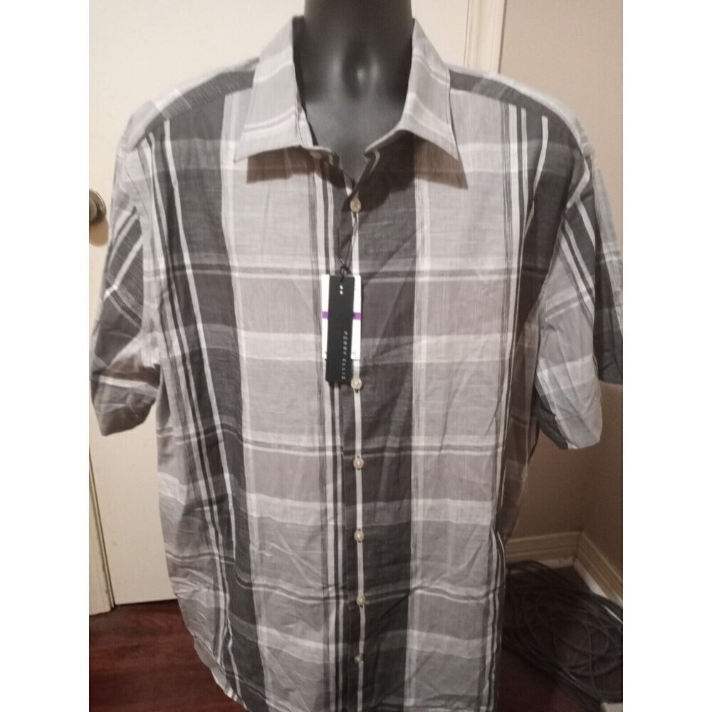 Perry Ellis Principles Men's Short-Sleeve Shirt 2X BIG Gray Plaid NWT $79.50